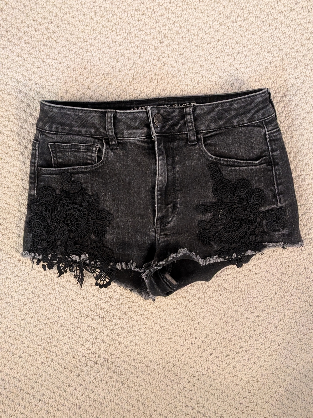 American Eagle Outfitters Black Denim Shorts with Lace Appliqué Size 6